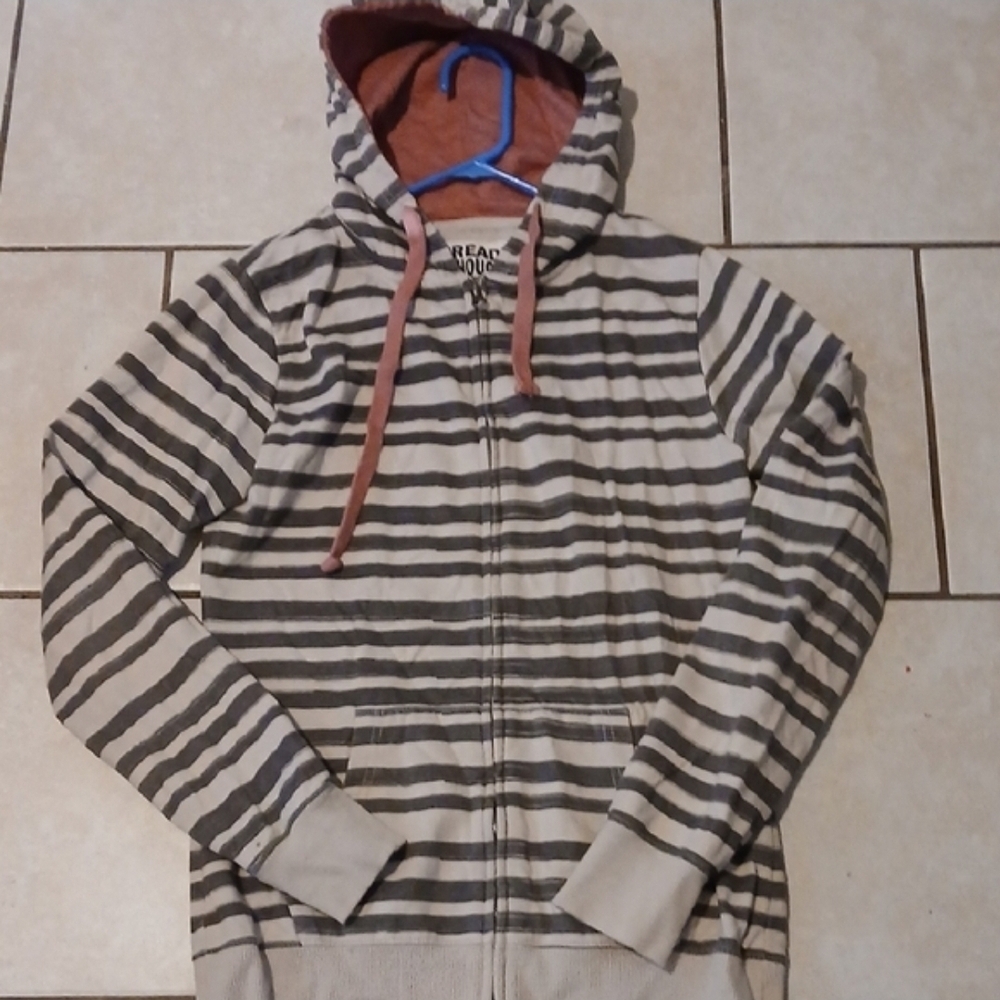 THREADS 4 THOUGHT Womens Size L Striped Gray and Cream Zip-Up Hoodie